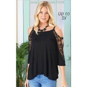 Moral Fiber Womens Knit Crochet Trim Cold Shoulder Top Blouse Sz 3X Black